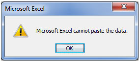 Microsoft Excel cannot paste the data